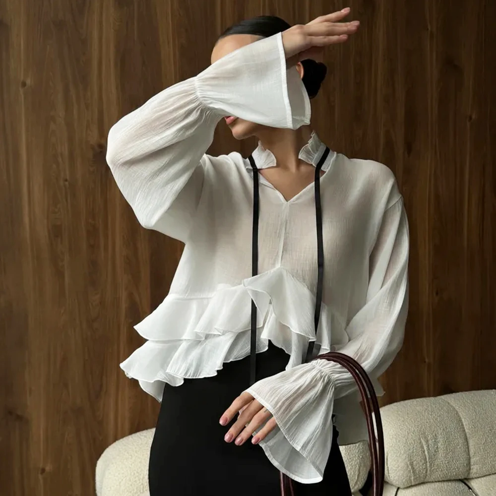 Talenzaเซ็กซี่หลวมสีขาวสตรีเสื้อ 2024 แฟชั่นRuffleคอยาวแขนยาวElegantดูผ่านTopเสื้อผ้าหญิง