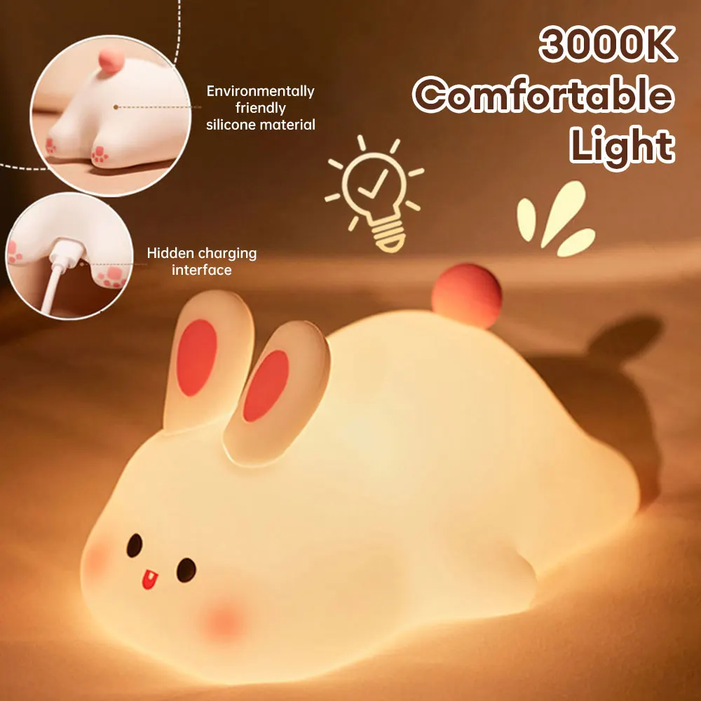 Lampka nocna LED Cute Big Face Rabbit Night Light Kid Touch Sensor Timing USB Akumulator na prezenty urodzinowe Wystrój sypialni