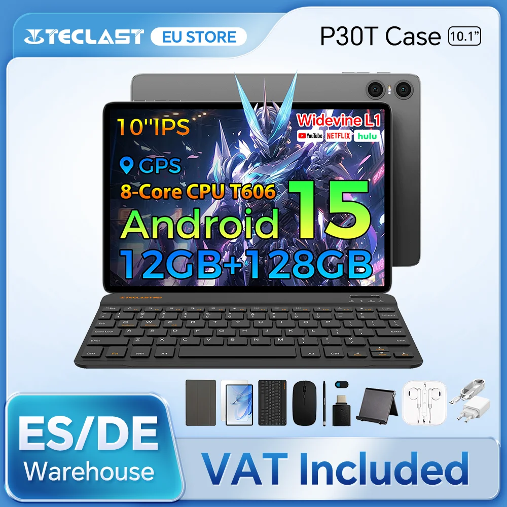 Teclast P30T Case 10" Tablet Android 15 Max 12GB RAM 128GB ROM T606 8-core All-in-one Keyboard/Case/Mouse/Stylus/Headphone/Stand
