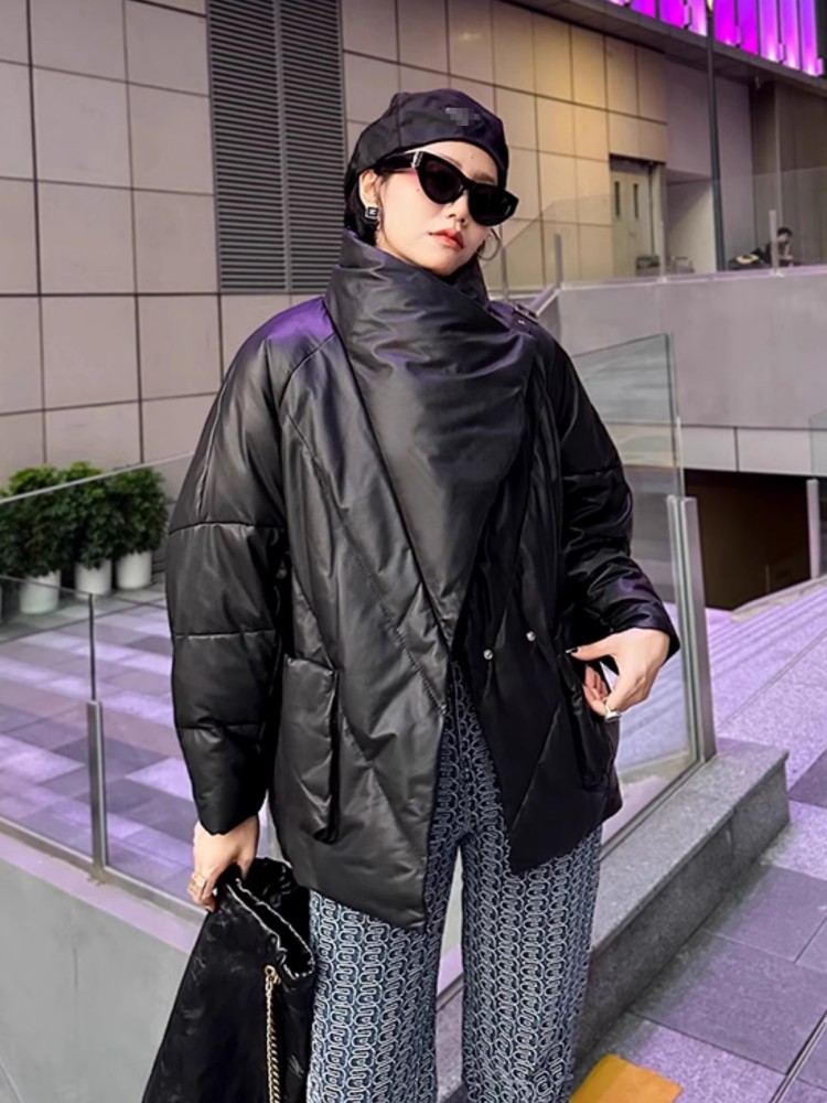 Matte Genuine Leather Women Down Coat Winter New Style Loose Fit High Street Hip Hop Fashion Warm Large Lapel Sheepskin Jacket