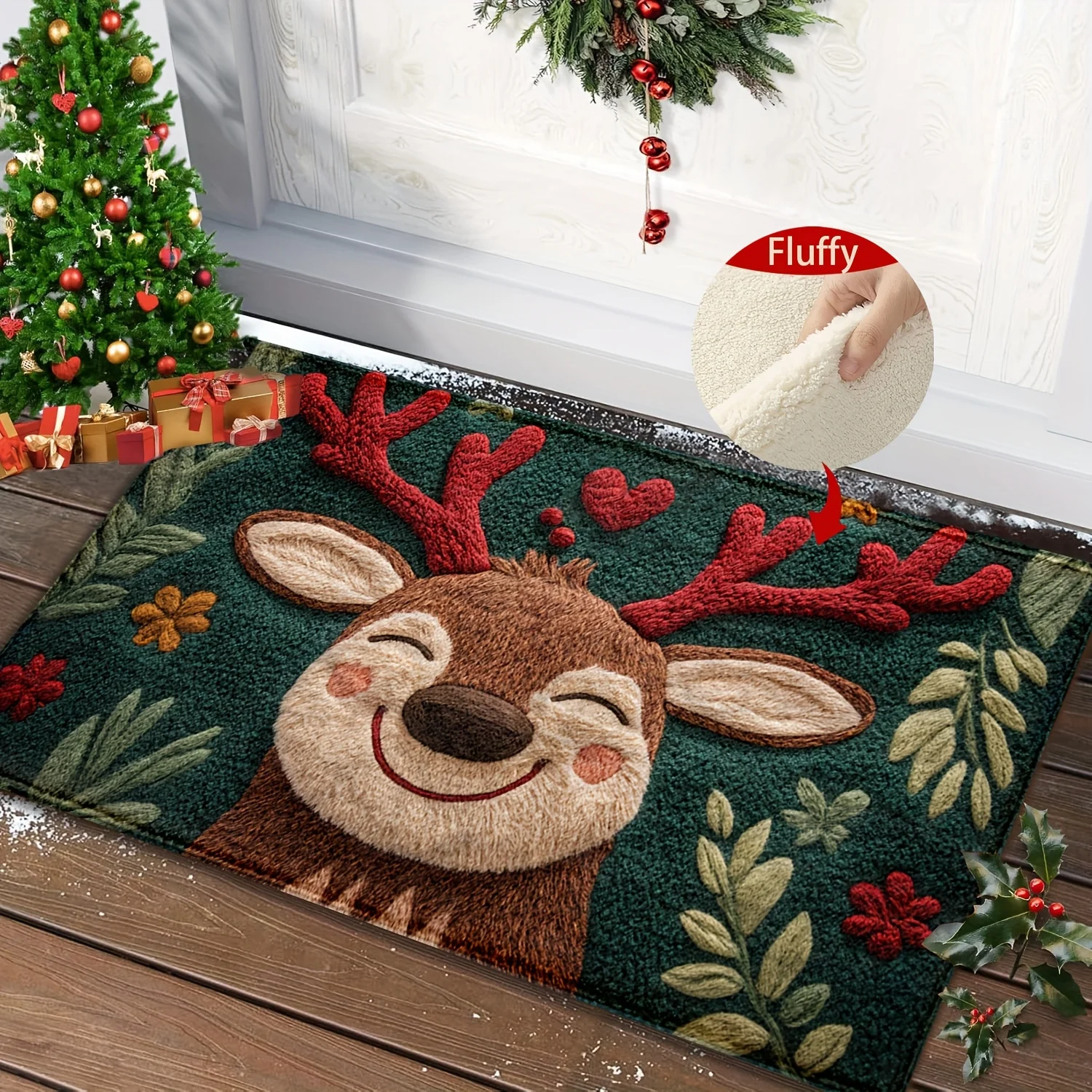Alfombra de baño de microfibra con ciervos navideños esponjosos, secado rápido y absorbente, diseño festivo festivo con bayas rojas y hojas verdes, 1 ud.