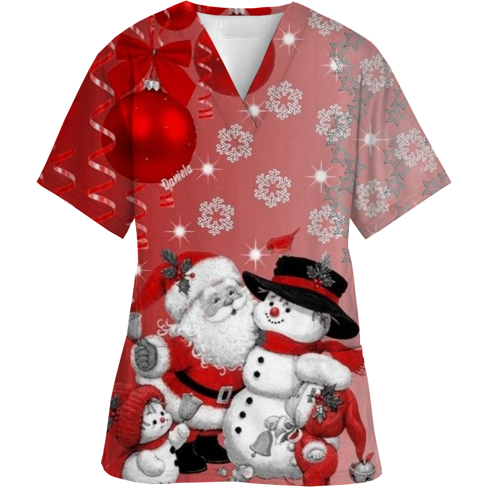 男性と女性のためのクリスマスプリントのVネックスクラブトップ、綿のブラウス、外科医の作業服、医療ユニフォーム、医師と看護師のスクラブトップ