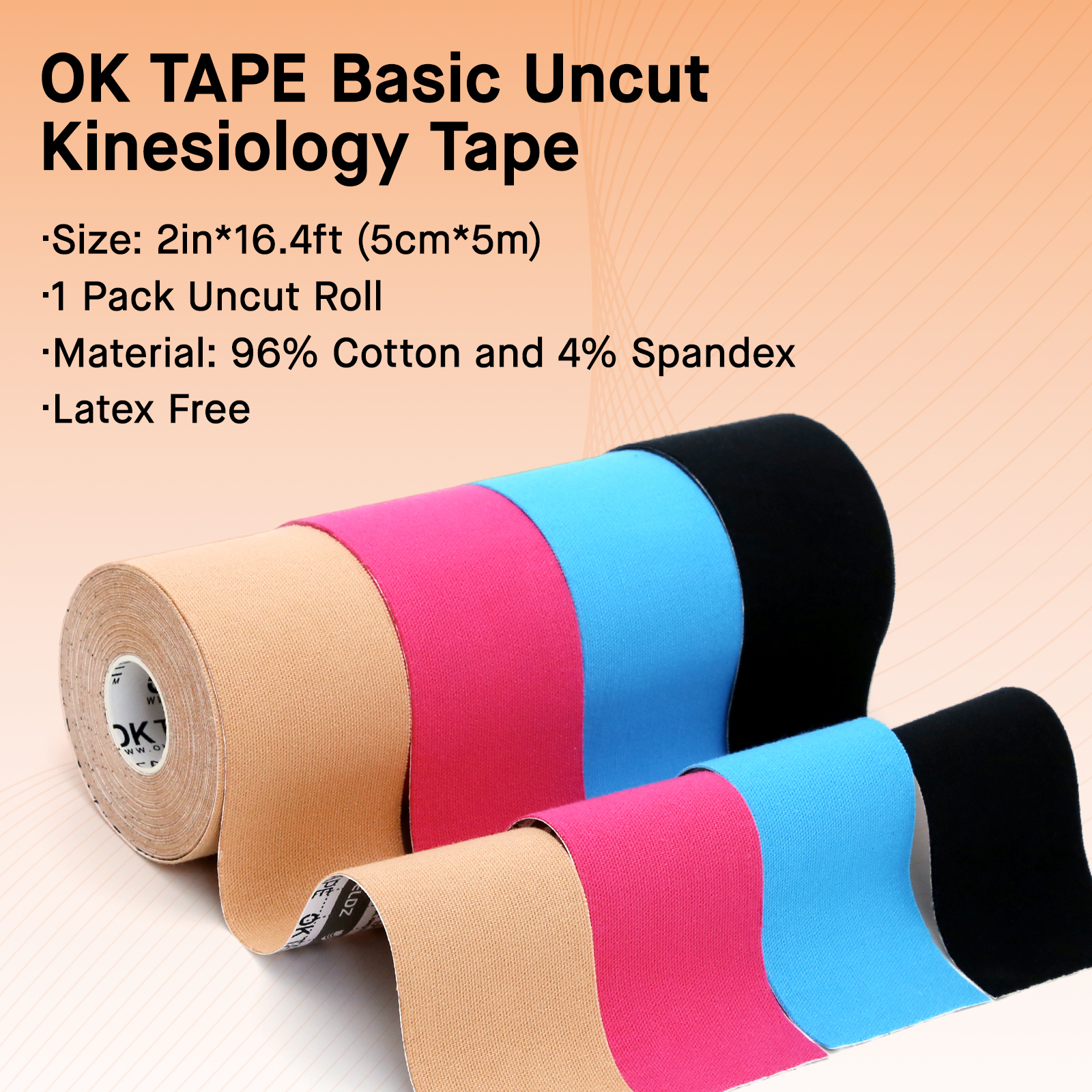 OK TAPE-Cinta de kinesiología, algodón básico Original, elástico, atlético, látex, Rollo sin cortar, Fitness, gimnasio, alivio del dolor de brazo, 5CM X 5M