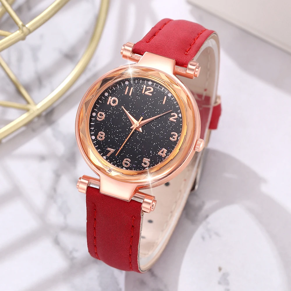 6 pçs/set relógio feminino vermelho com elementos minimalistas dial relógio de quartzo pulseira de látex elementos cereja conjunto de jóias presente da menina