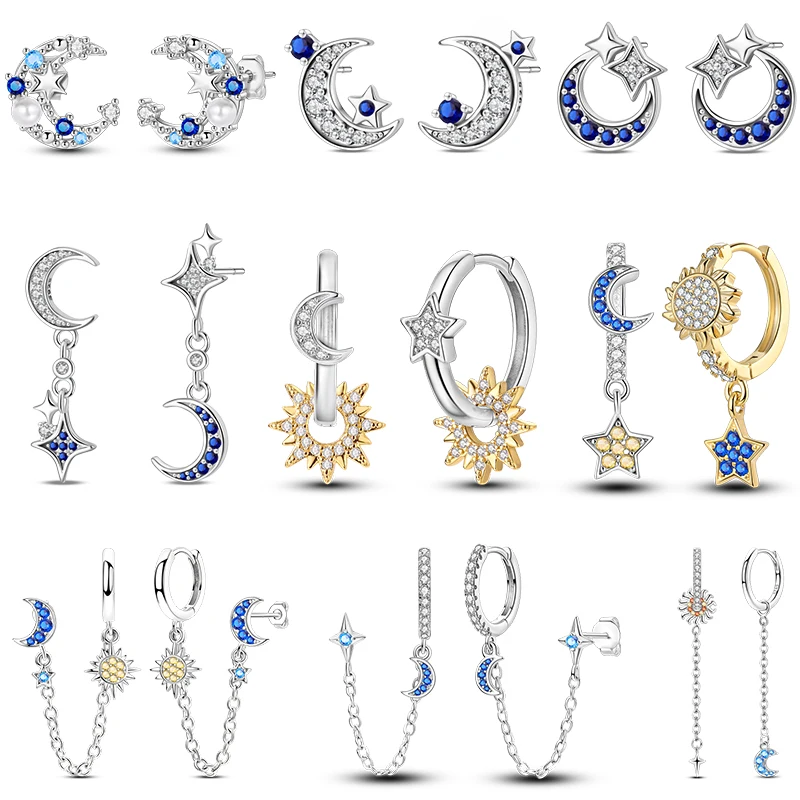Damen-Ohrringe aus 100 % 925er-Sterlingsilber, Sonne, Mond, Sterne, glänzend, trendige Ohrringe, passend für Verlobung, Jubiläen, exquisite Schmuckgeschenke