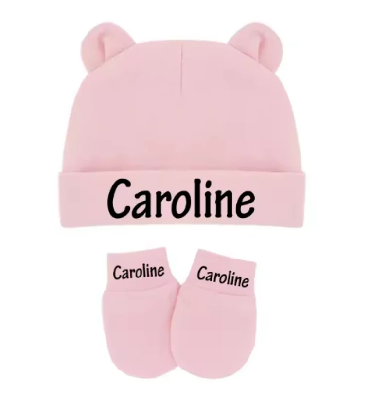 Gorro personalizado para bebé recién nacido, bonito gorro y guantes con orejas de algodón elástico para niños y niñas, gorro cálido, guantes, regalo de ducha