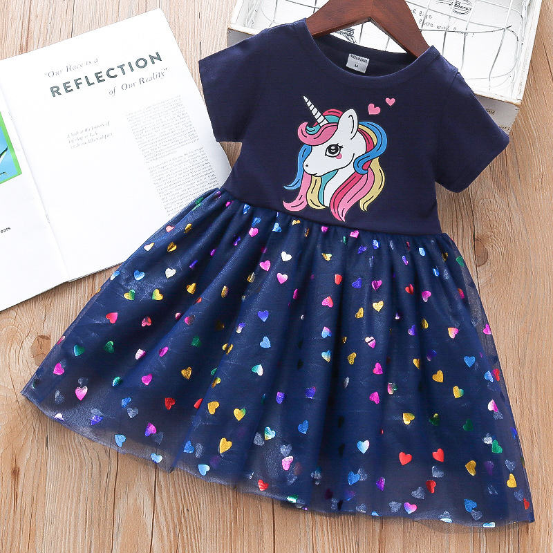 Robe de princesse colorée pour bébés filles, vêtements d'été à manches courtes pour enfants avec petit poney de dessin animé