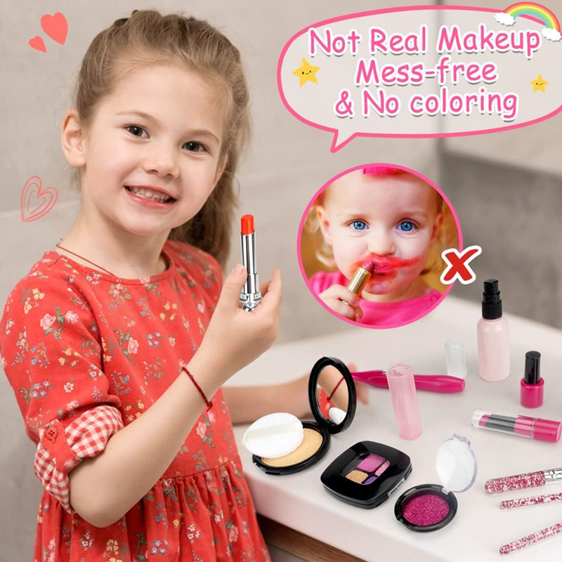 เด็กแกล้งเล่นแต่งหน้าชุดปลอม Make Up Kit พร้อมกระเป๋าเครื่องสําอางสําหรับสาวน้อยของขวัญวันเกิดเด็กเล่นเครื่องสําอางของเล่น