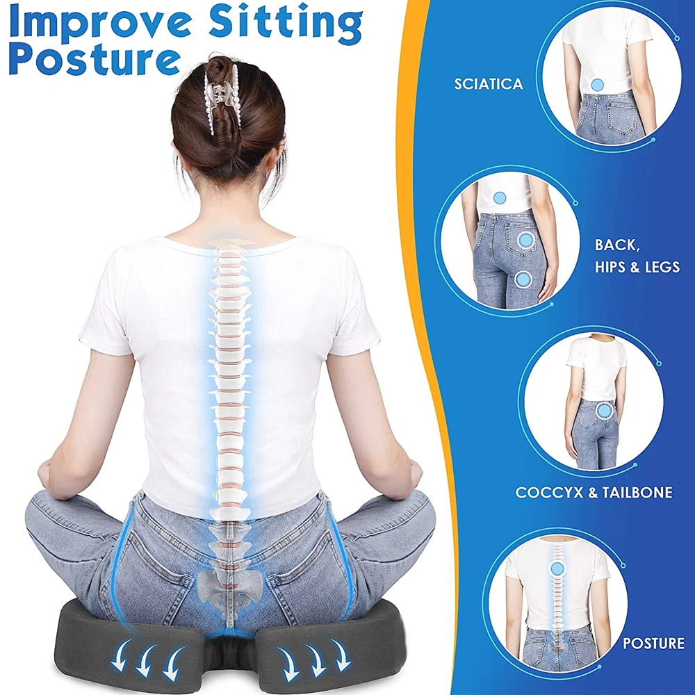 Cojines de asiento para sillas de oficina, cojines de coxis de espuma viscoelástica para el dolor de coxis, almohada para aliviar la ciática, postura correcta para sentarse