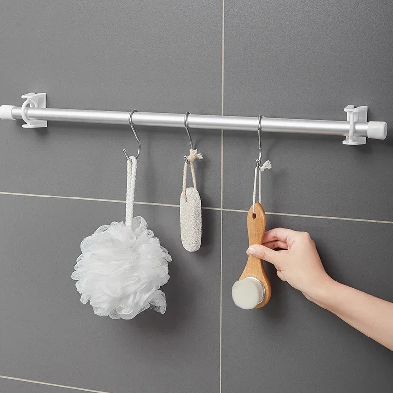 360 °   Rotatable Retractable POLE Fixator สําหรับไม่เจาะ Strong ตะขอกาวผ้าเช็ดตัวผ้าม่านอาบน้ํา Rod Bracket