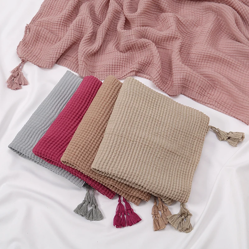 Bufanda musulmana plisada Hijabs para mujer, pañuelo musulmán de algodón suave para la cabeza, chales Hijab islámicos, pañuelos para la cabeza, diadema, turbante