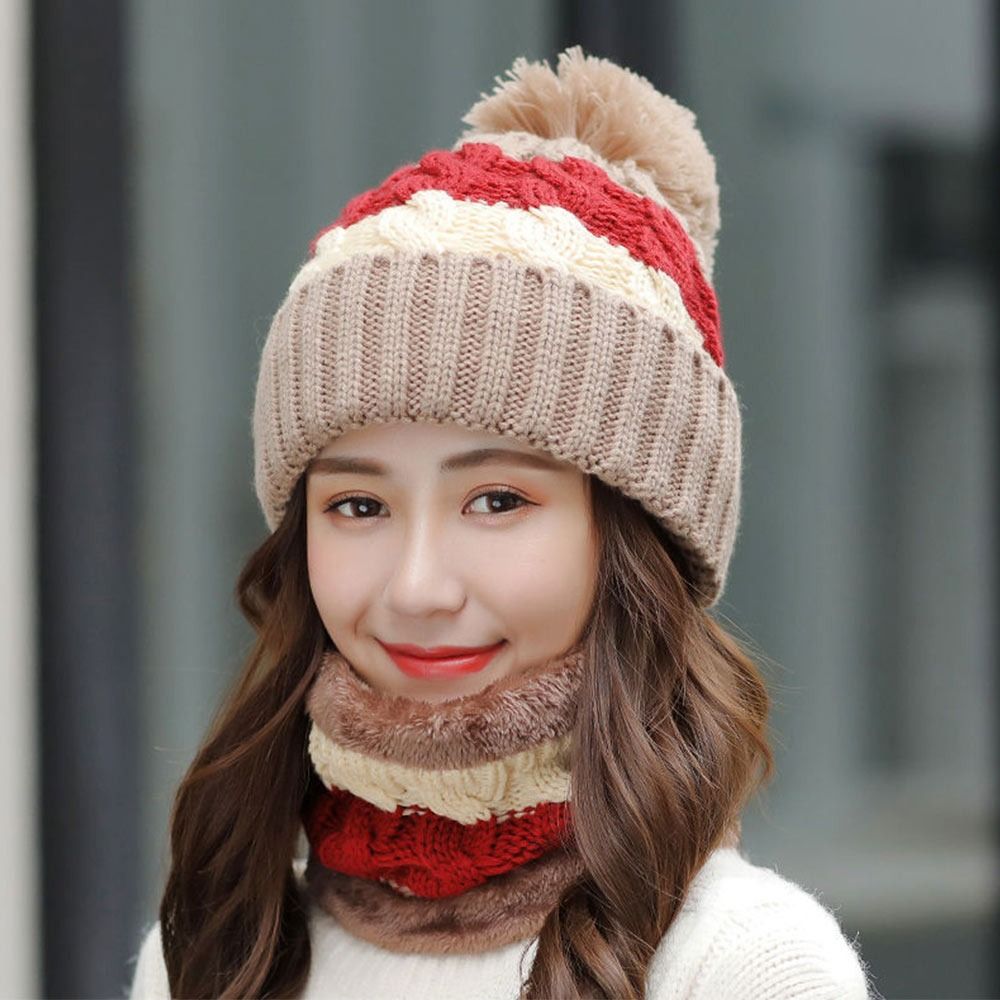 2PCS/Set Winter Warm Knitted Hat Neck Protection Windproof Beanies Hat Plush Soft Scarf Set Women