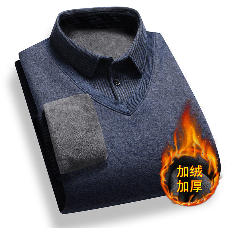 Mann Kleidung Gefälschte Zwei Stück Fleece-gefüttert Pullover männer Gestrickte mit Plüsch Dicken Pullover Warme hemd kragen Unten hemden Pullover