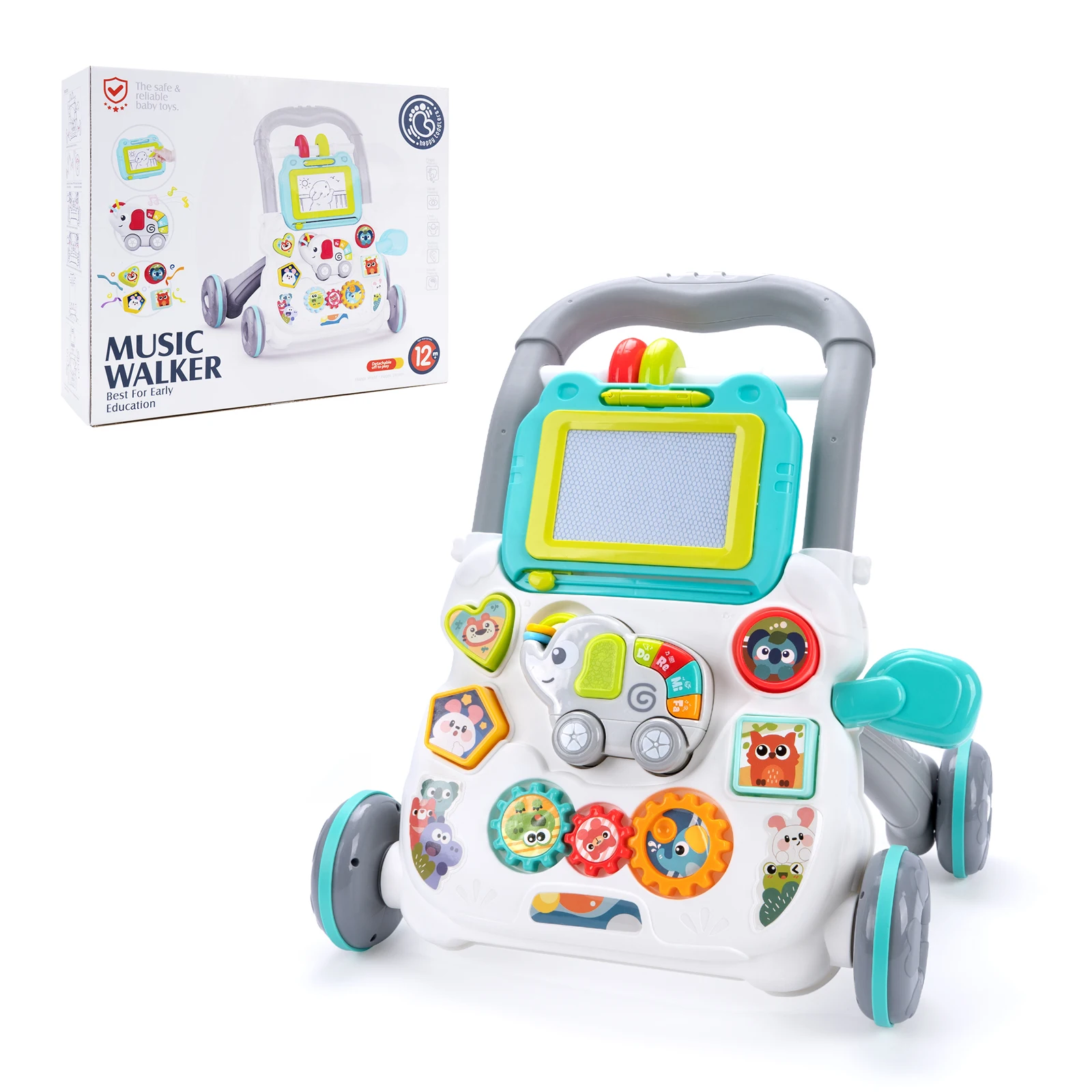 Giocattolo per girello push cartoon per bambini con tavolo da disegno musicale Attività multifunzione Apprendimento Camminata Girello per bambini per bambini da 6 a 15 mesi