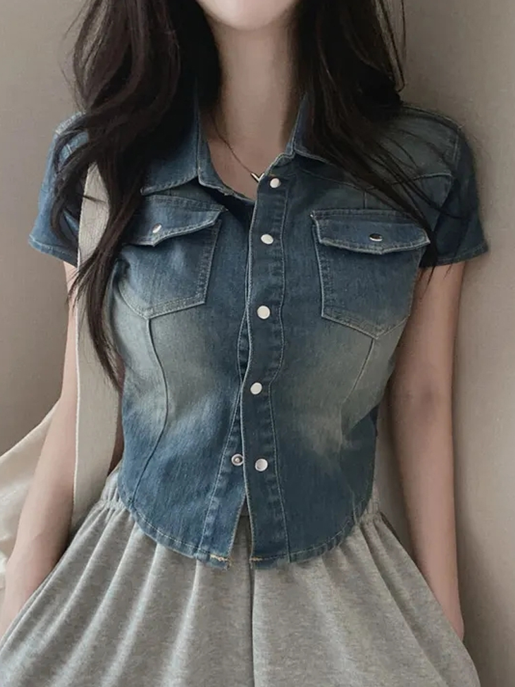 Slim Fit Short Sleeve Polo Collar Denim Shirt Jacket Women's Thin Summer Vintage Turn Collar Single Button Short Length Small...