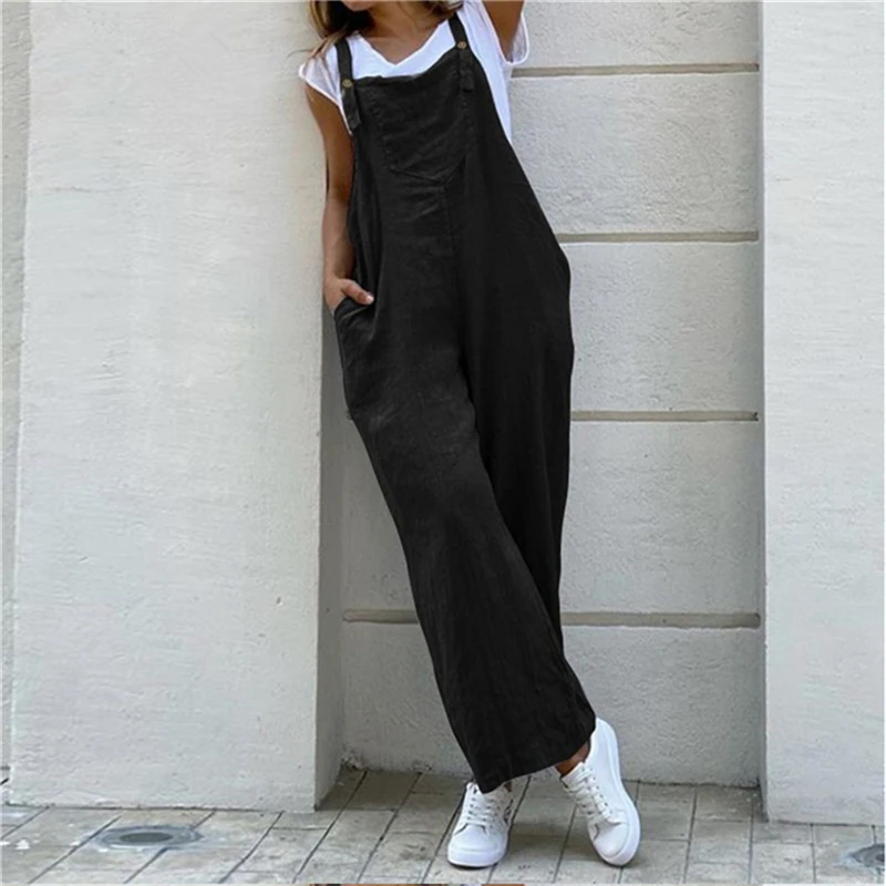 Mono de verano para mujer, mono de Color sólido, pantalón largo informal, bolsillos, botón, pierna ancha, correa, monos sueltos