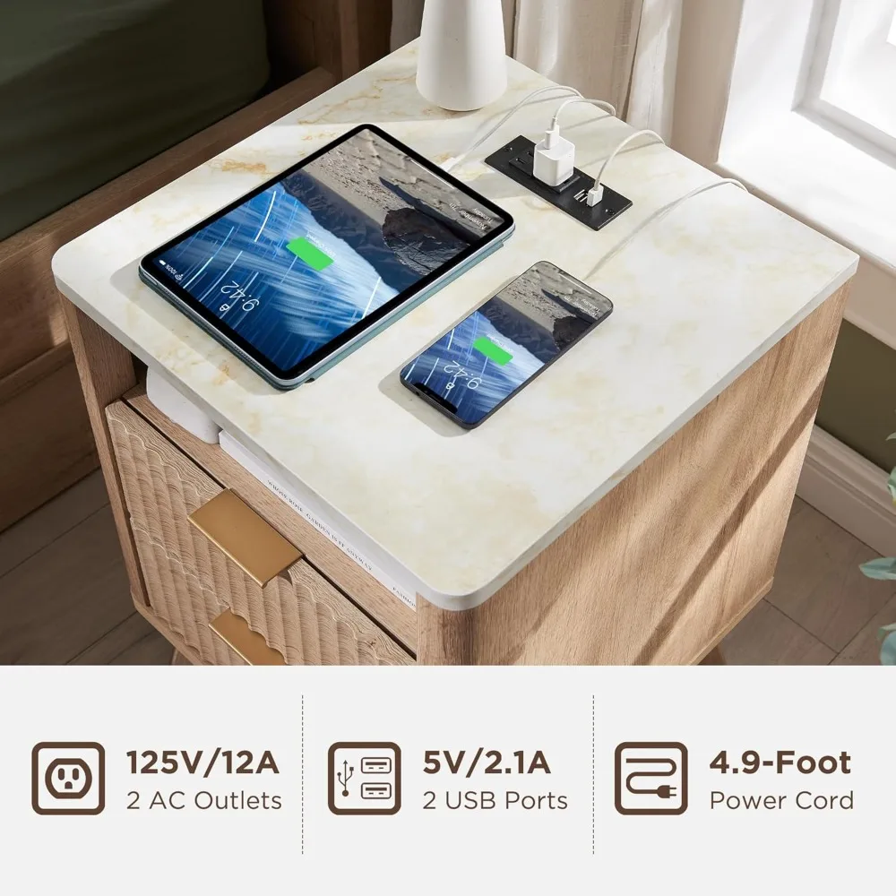 Fluted Nightstand Set of 2 with Charging Station, 18" Modern Side Table with Faux Marble Top, 2 Drawer End Table w/Storage, Bed