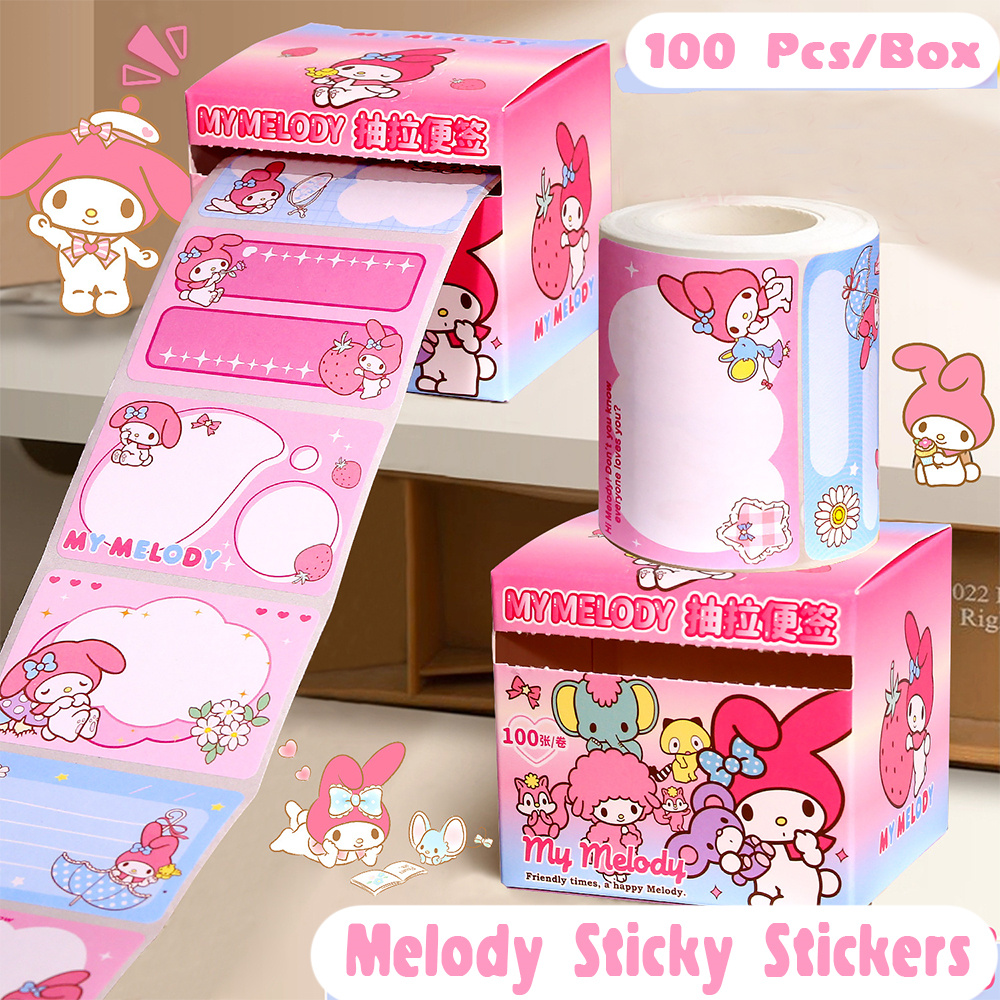 New 100Pcs Sanrio Sticky Note Stickers Cute Kuromi Melody Hand Made Accessories Paper Glue Tape Sticker Kid Toys