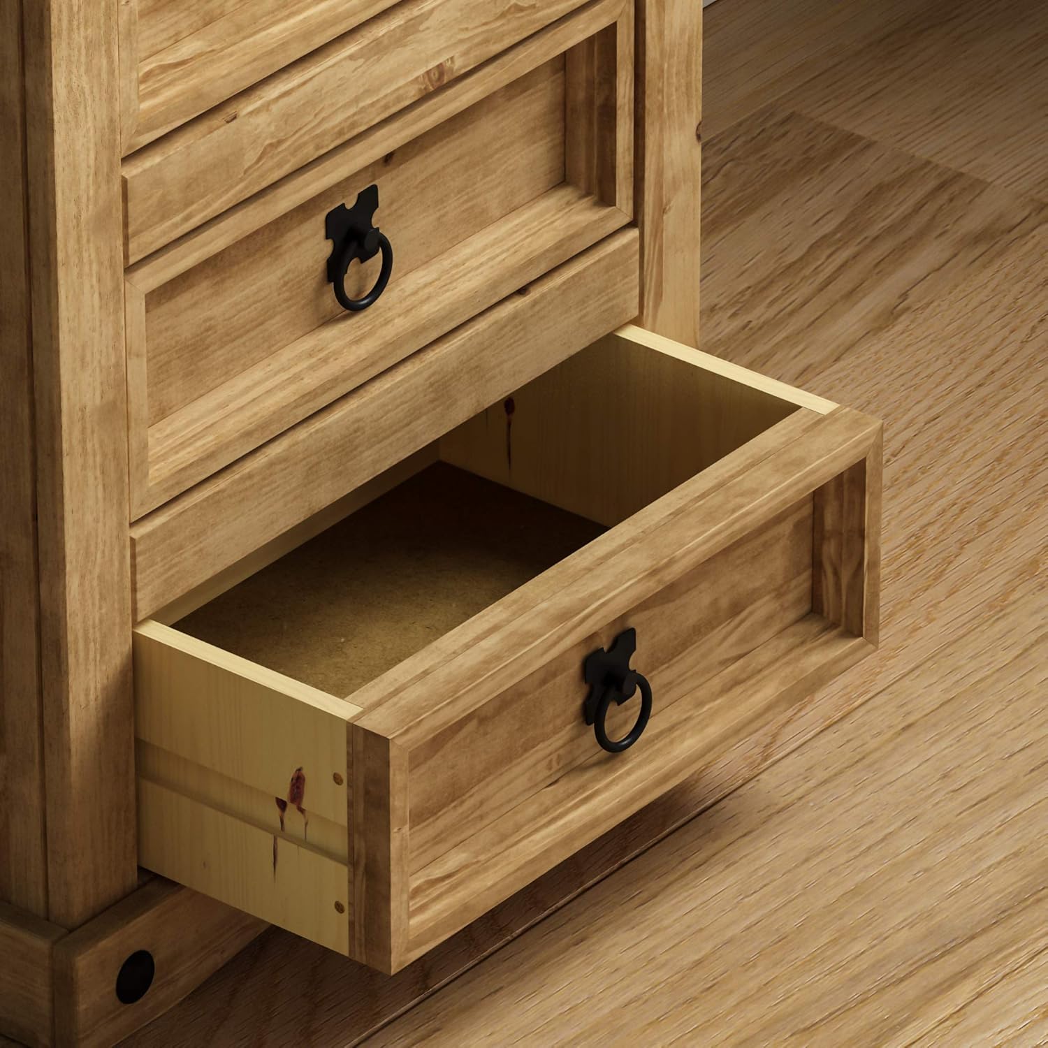 Mesita de noche, 3 cajones, madera de pino maciza