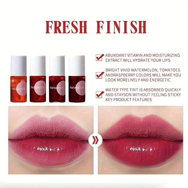 4 สี Fruity Lip Tint Water GLOSS Tint,Moisturizing กันน้ําลิปสติก,Non-Stick,เม็ดสีสูง,สีติดทนนาน