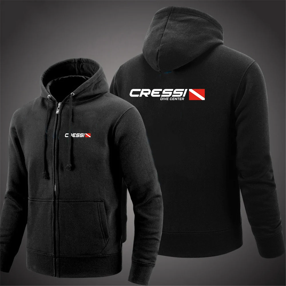 스쿠버 다이빙 Cressi 2024 남성용 새 긴 소매 인쇄 솔리드 컬러 지퍼 후드 자켓 캐주얼 패션 스웨트 풀오버 탑
