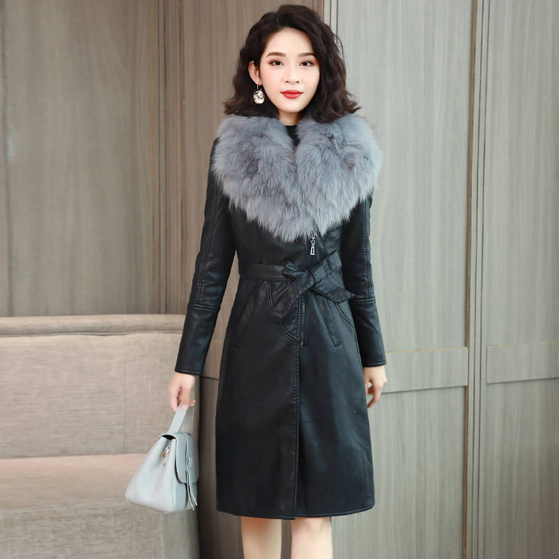 Damen-Jacke mit großem Pelzkragen, schmal, lang, PU-Leder, dicker warmer Mantel, große Größe, lässige Oberbekleidung, Wintermode, neu