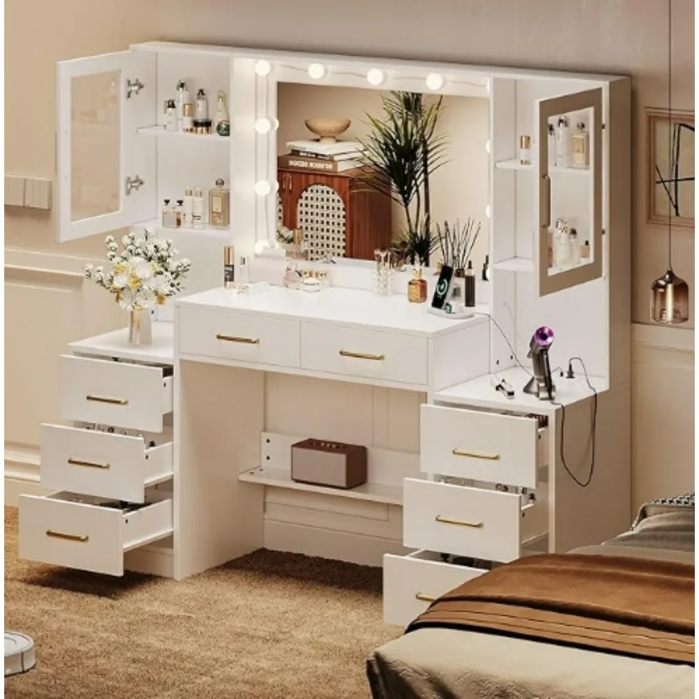 58.3" Makeup Vanity Desk with Charging Station, White Makeup Dressing Table with Mirror & Lights, 3 Lighting Modes Adjustable
