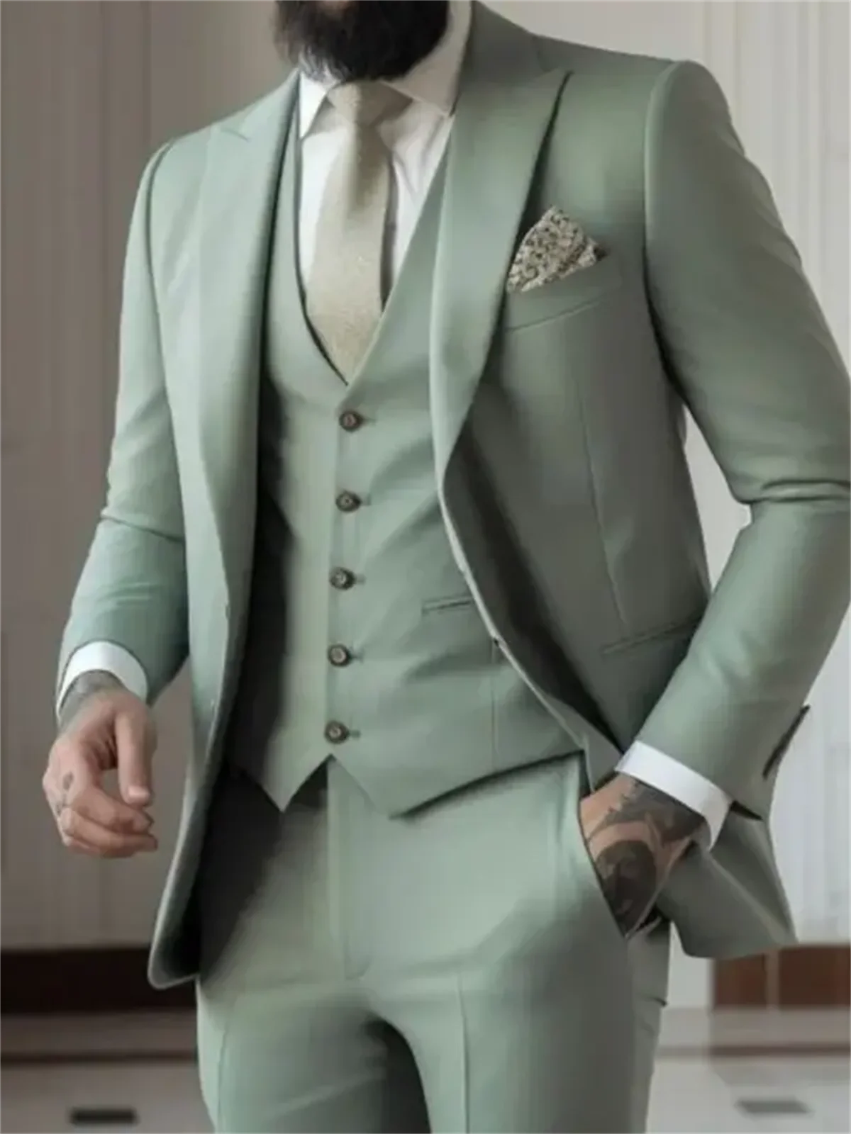 3-częściowe męskie garnitury slim fit w kolorze szałwii (marynarka + kamizelka + spodnie) smokingi dla pana młodego ślubnego bal formalne męskie marynarki imprezowe Traje Hombre