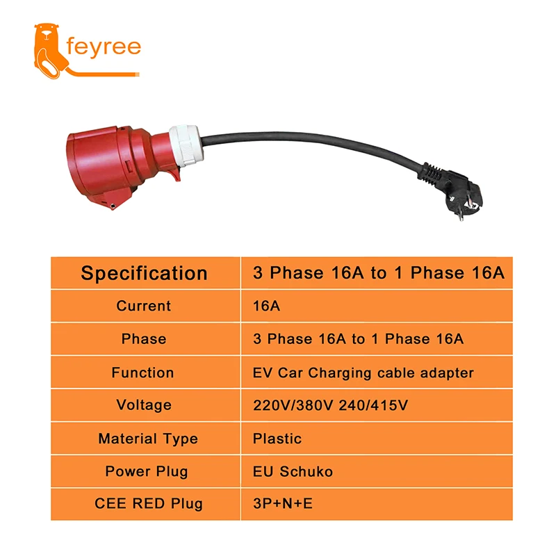 Feyree-cargador EV, enchufe Schuko a enchufe hembra de alimentación roja CEE, adaptador de enchufe de 5 pines, conectar con cargador portátil de 16A, trifásico, 11KW