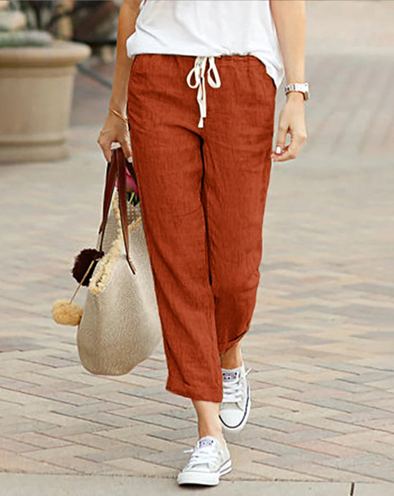 Pantalón elegante liso y sencillo para mujer, Pantalón recto recortado con cordón y cintura elástica, Pantalón informal de oficina para mujer
