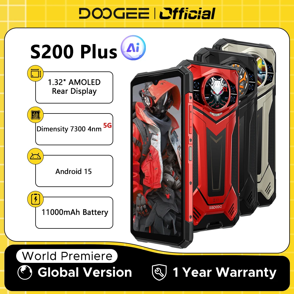 Estreia mundial doogee s200 plus 5g ai telefone robusto dimensão 7300 1.32 "display traseiro 12 + 512gb 6.72 ''10100mah bateria smartphone