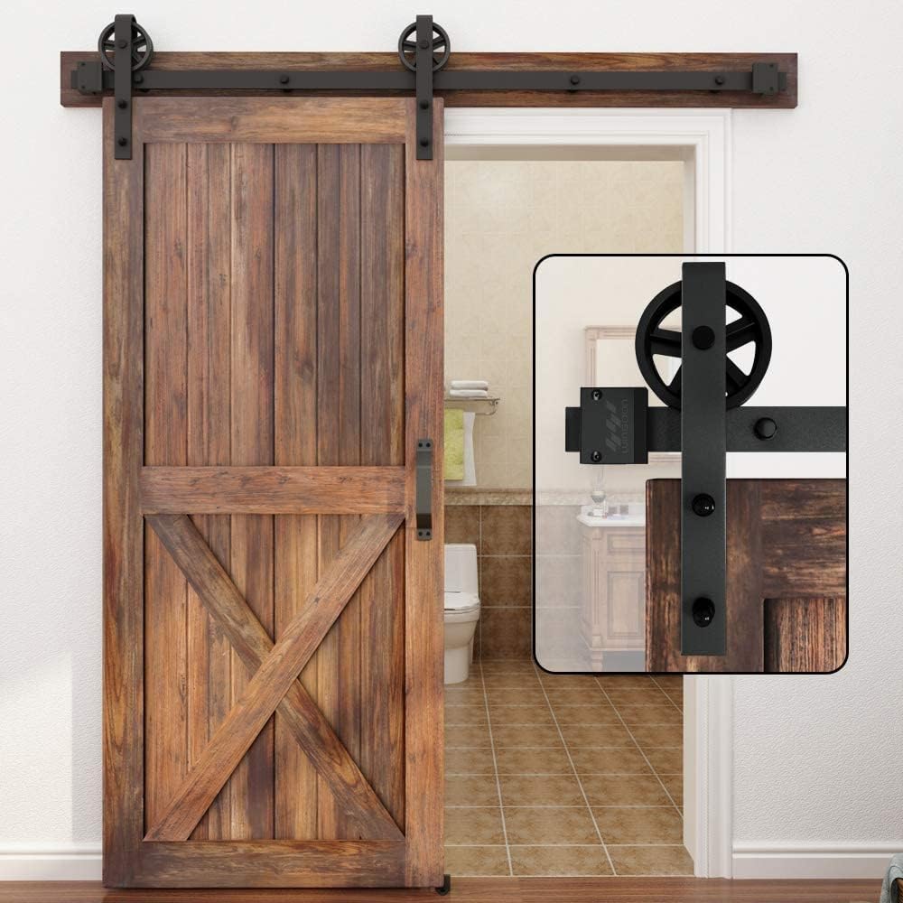 Single Wood Sliding Barn Door Hardware Basic Black Big Spoke Wheel Roller Kit Garage Closet Carbon Steel Flat Tra