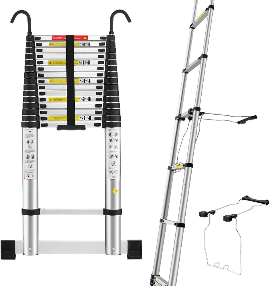 STANEW Escalera Telescópica 6.2M de Aluminio con Estabilizador de Escalera, Escalera Extensible con Barra de Equilibrio Inferior