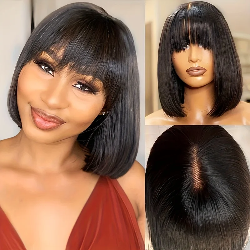 Peruca de Bone Straight Short Bob com franja para mulheres negras, 100% cabelo humano, perucas da parte média, escolha, renda 3x1