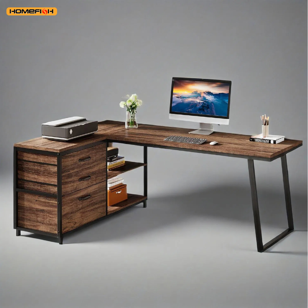 L Shaped Office Desk, Reversible Corner Computer Desk with 3 File Drawers and 2 Storage Shelves for Home Office, Study