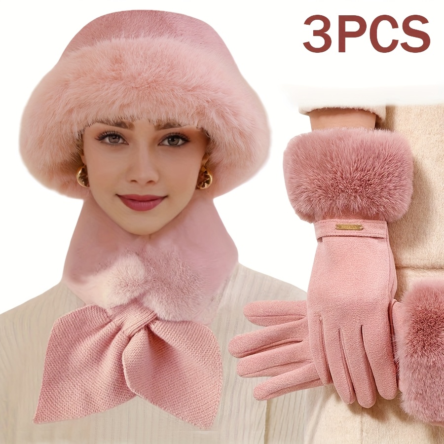 3-piece winter warm suit, warm fur hat, gloves scarf hat set, windproof and thick, suitable for outdoor activities