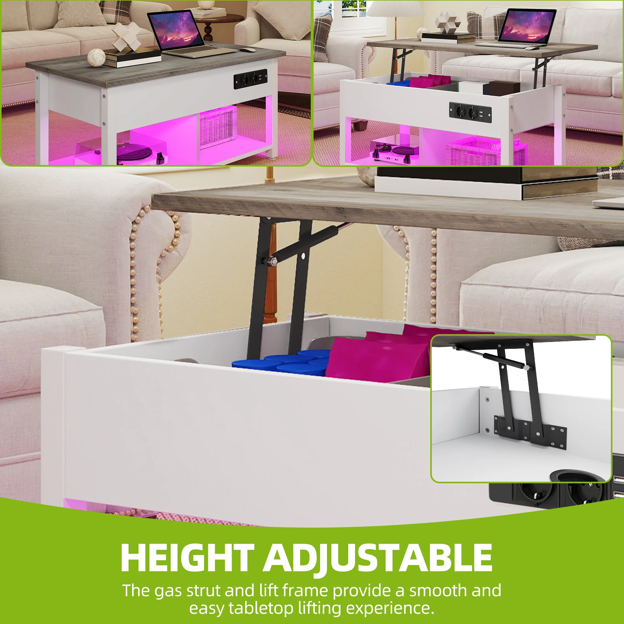 Mesa elevatória branca/cinza YITAHOME – altura ajustável com 2 níveis de armazenamento e compartimento LED oculto
