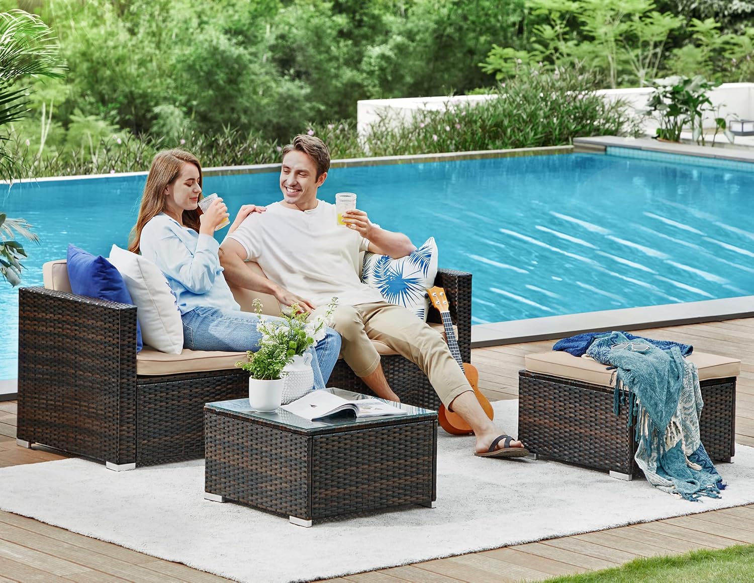 SONGMICS Garden Furniture Set, Outdoor Corner Sofa Couch, Handwoven Rattan Patio Conversation Set, Cushions and Glass Table