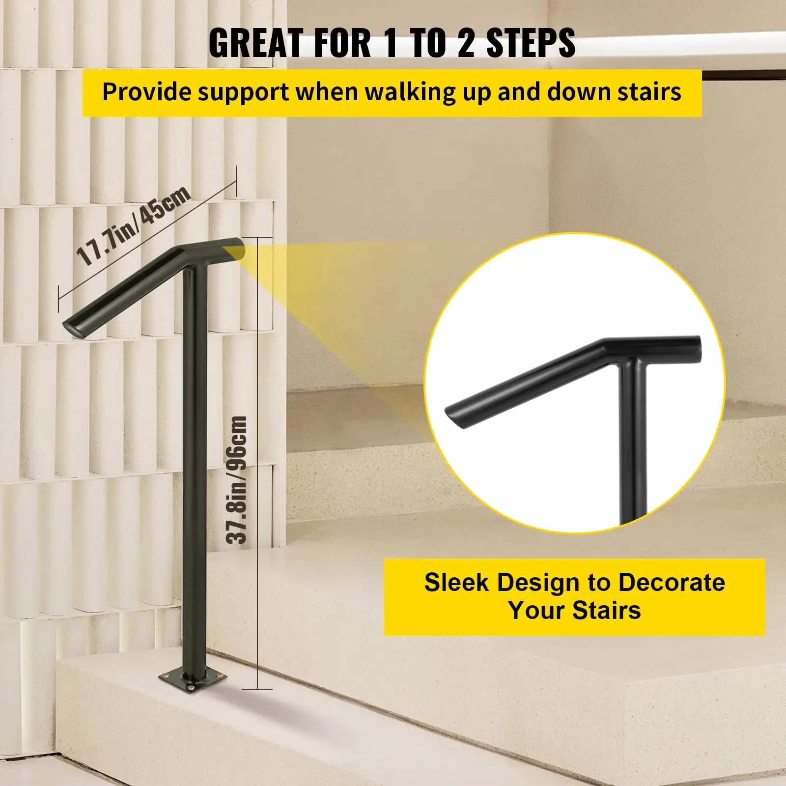 1-2 Steps Single Post, Black Steel Railing 441LBS Capacity Baking Varnish Metal Stairs Stylish Handrails for Outdoor Steps