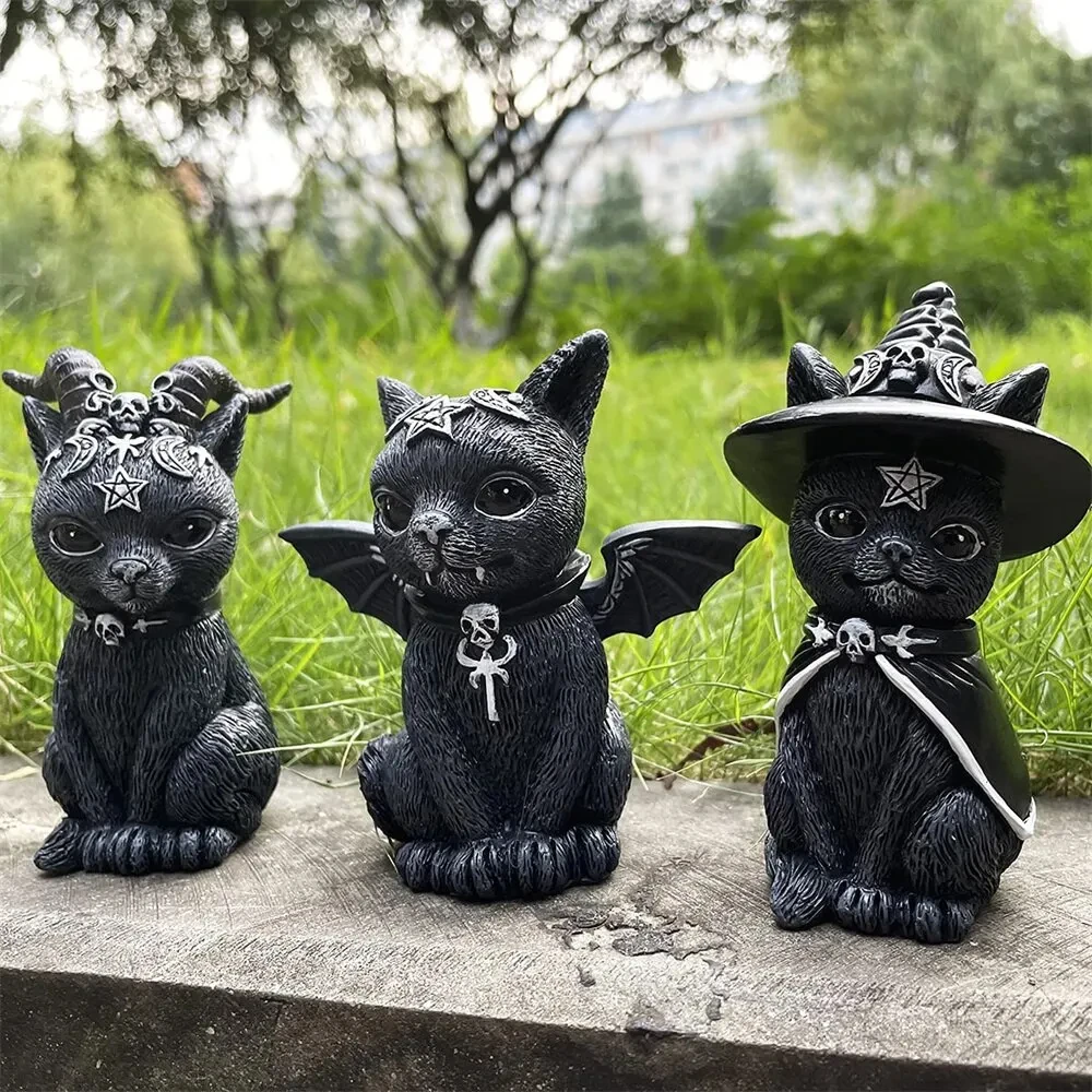 검은 고양이 동상 신비한 귀여운 고양이 마녀 고양이 입상 마녀 장식 책상 장식 할로윈을위한 손으로 그린 ​​조각 1PC