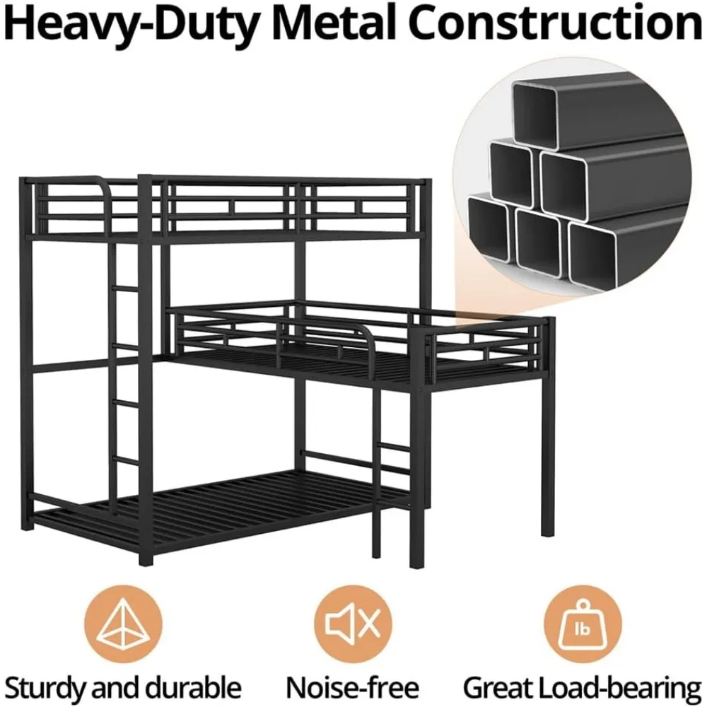 Heavy-Duty Triple Bunk Bed,Dormitory bed Metal L-Shaped Bunk Bed for 3 Kids Adults with Built in Ladder Full Length Guardrails