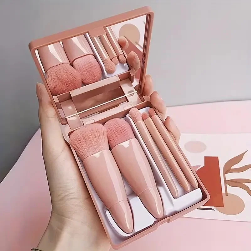 Juego de brochas de maquillaje de tamaño de viaje de 5 uds Mini brochas de maquillaje, Kit de brochas cosméticas de función completa pequeña con estuche y espejo 5 uds T