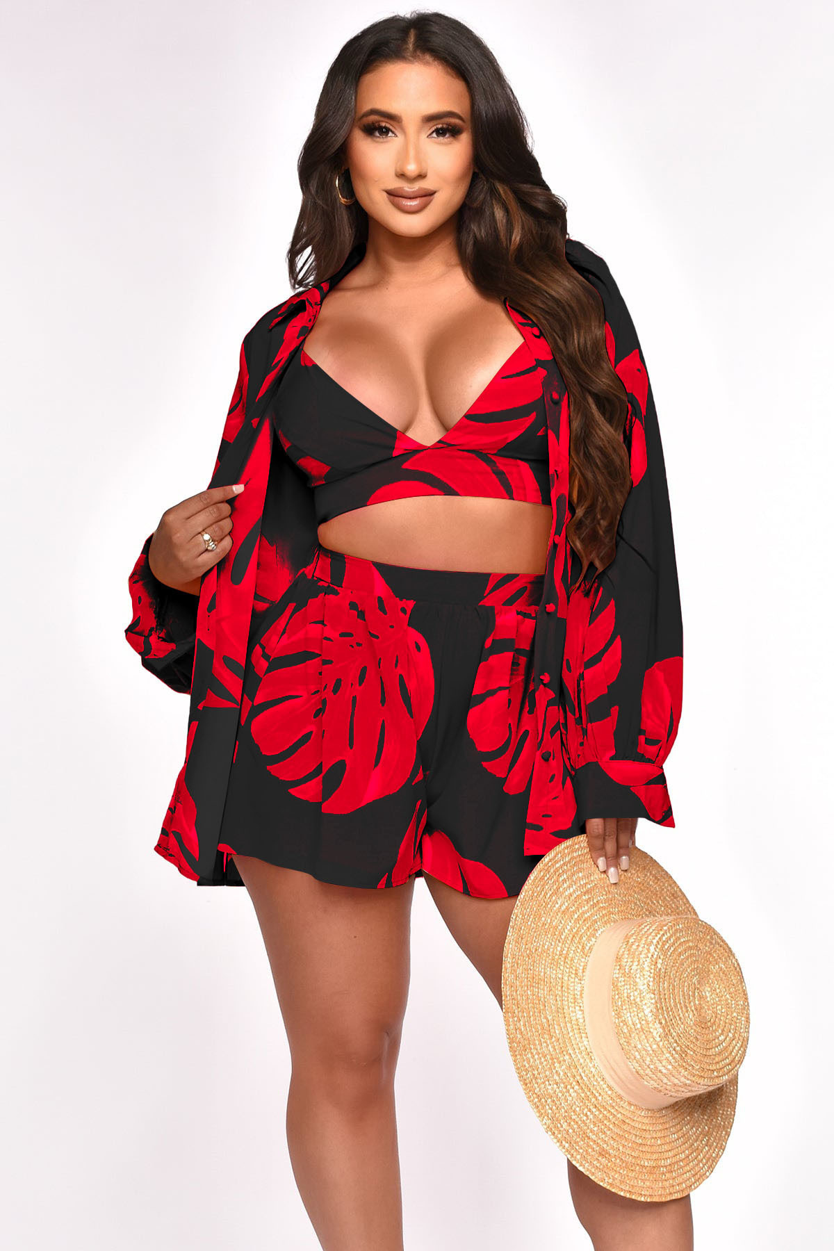 Cutubly Musim Panas 2023 pakaian merah muda kasual untuk wanita 3 potong set kemeja lengan panjang dengan Bra dan celana pendek pakaian pakaian seksi Y2K