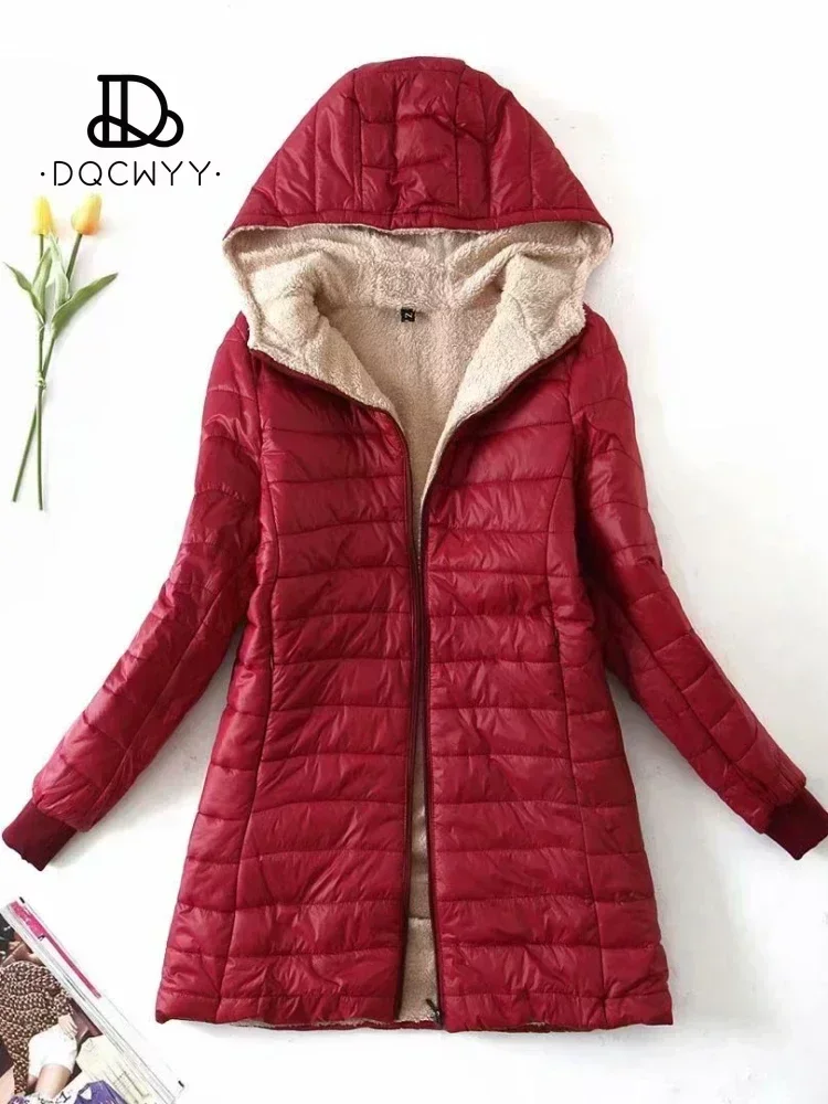 Chaqueta de invierno para mujer, nueva longitud media, edición coreana, con capucha, abrigo de algodón polar, Parkas cálidas de lana de cordero, chaquetas de invierno