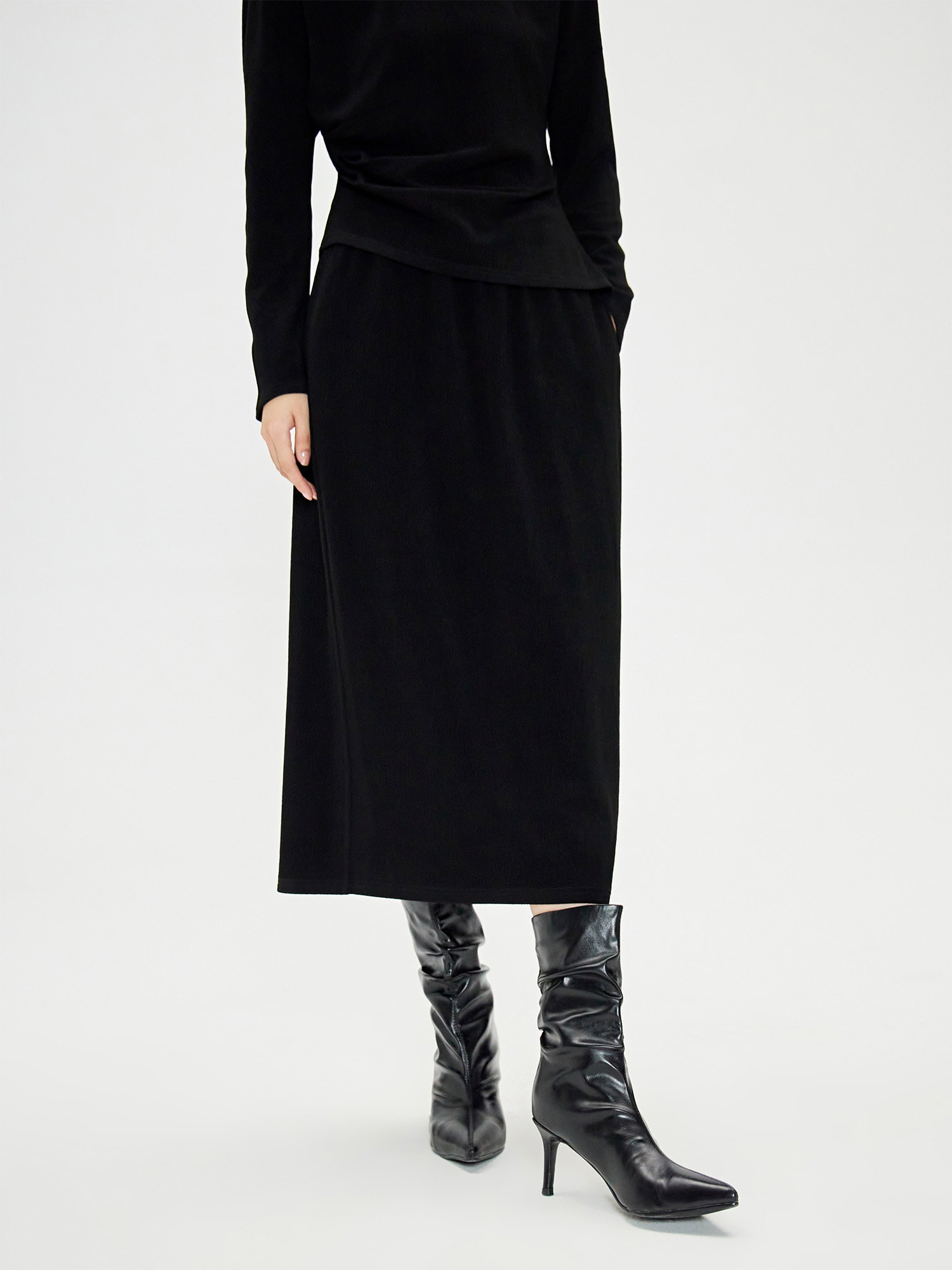 DUSHU женский черный костюм с юбкой с воротником-лодочкой, темпераментный необычный Топ с длинным рукавом, длинная юбка с эластичным поясом 24DH83005 + 24DH83004