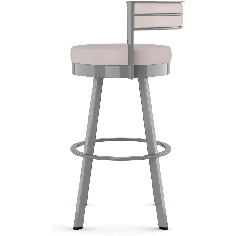 30 inch swivel bar stool with upholstered back, cream faux leather seat and glossy grey metal frame for kitchen island or bar