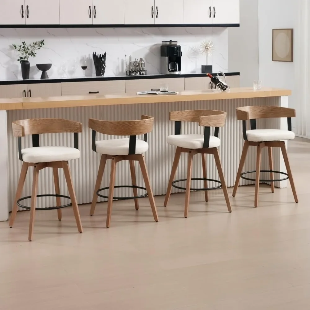 Bar Stools Set of 3 26" Counter Height Bar Stool with Footrest - Modern Wood Barstools with Linen Upholstered Seat, Bar Stools