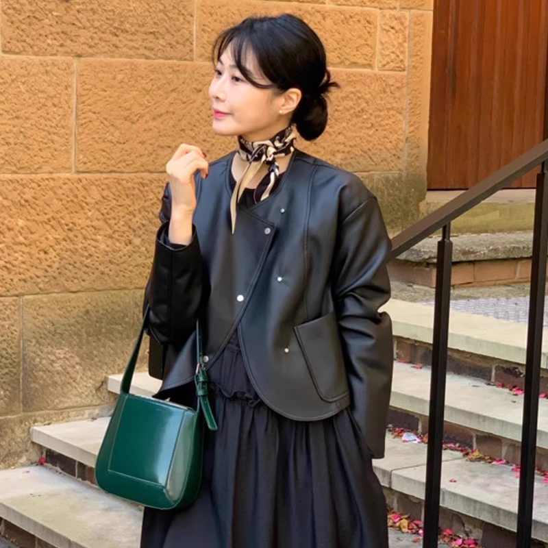 Retro Chic PU Leather Jacket Short Outerwear Women's Loose Long Sleeve Asymmetrical Buckle Design Fall Winter New Sle