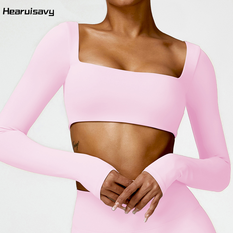 Hearuisavy-ropa deportiva informal de secado rápido para mujer, Top de gimnasio con cuello cuadrado, Top corto deportivo para Fitness, ropa de Yoga de manga larga para mujer