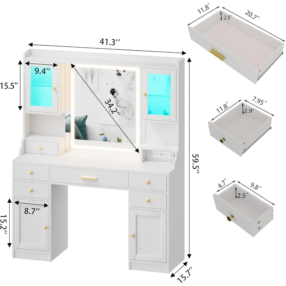White Vanity Desk with Mirror, Lights and Charging Station - Large Makeup Table Set with RGB Cabinets and 3 LED Light Modes